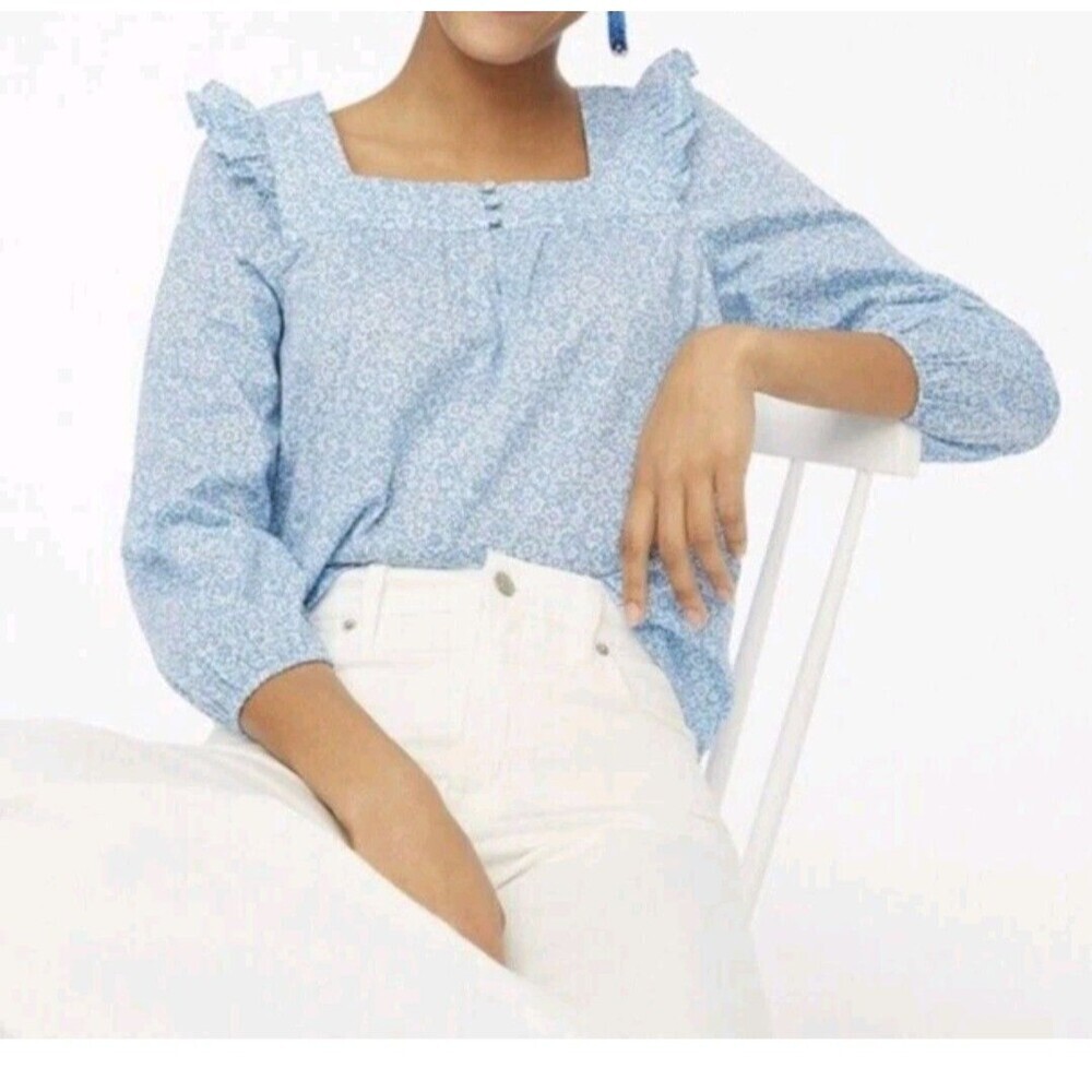 J. Crew Squared Ruffled Neck Oversized Top Size PM Blue Floral Print Womens